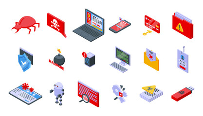 Poster - Malware icons set. Isometric set of malware vector icons for web design isolated on white background