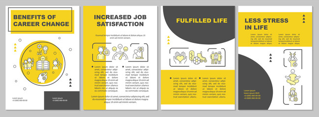 Benefits of career change brochure template. Less stress in life. Flyer, booklet, leaflet print, cover design with linear icons. Vector layouts for presentation, annual reports, advertisement pages