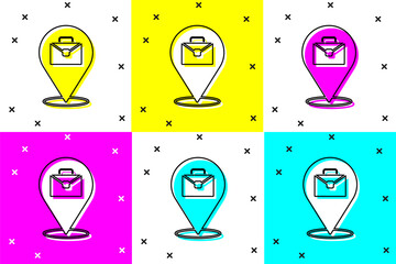 Poster - Set Online working icon isolated on color background. Freelancer man working on laptop at his house. Remote work. Distant job concept. Vector