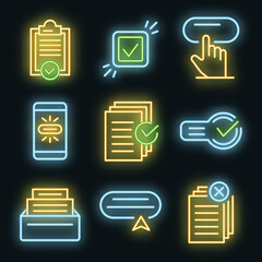Poster - Request icons set. Outline set of request vector icons neon color on black