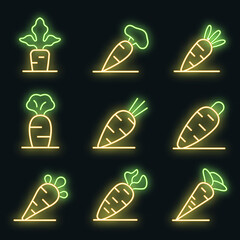 Poster - Carrot icons set. Outline set of carrot vector icons neon color on black