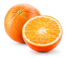 Sticker - Orange isolate. Orange fruit with slice on white background. Whole orange fruit with half. Full depth of field.