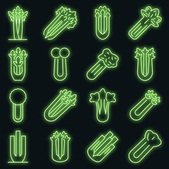 Wall Mural - Celery icons set. Outline set of celery vector icons neon color on black