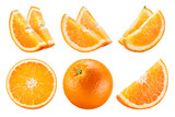 Fototapeta  - Orange isolate. Orange fruit set on white background. Whole orange fruit with slice.