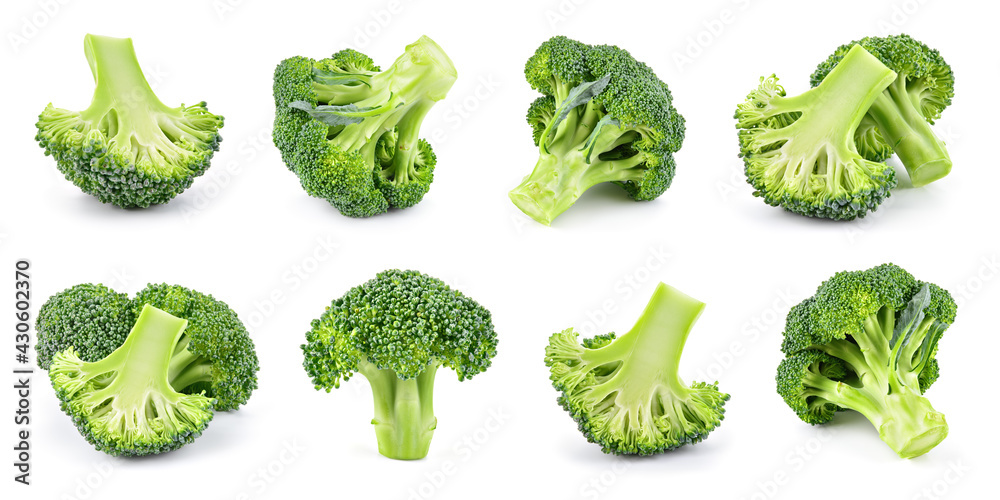 Broccoli isolated. Broccoli on white. Whole, half, slice, cut broccoli set. - obrazy, fototapety, plakaty 