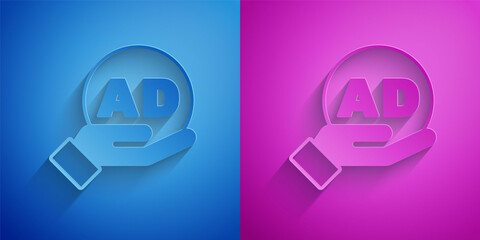 Poster - paper cut advertising icon isolated on blue and purple background. concept of marketing and promotio
