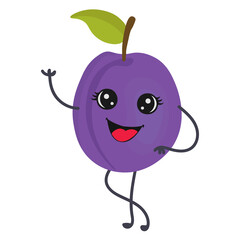 Wall Mural - Cartoon plum with cute face. Illustration with funny and healthy food. Isolated on white background. Vegan concept