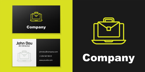 Poster - Logotype line Online working icon isolated on black background. Freelancer man working on laptop at his house. Remote work. Distant job concept. Logo design template element. Vector