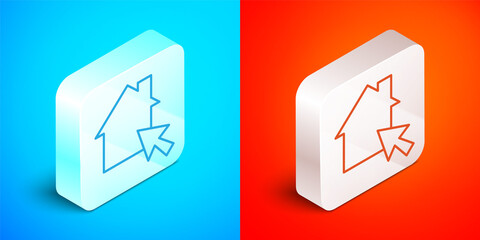 Aufkleber - Isometric line Online working icon isolated on blue and red background. Freelancer man working on laptop at his house. Remote work. Distant job concept. Silver square button. Vector
