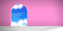 Empty Pink Room Interior With Archway Window And Sky Vector Illustration