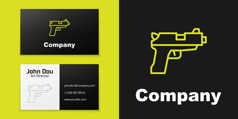 Poster - Logotype line Pistol or gun icon isolated on black background. Police or military handgun. Small firearm. Logo design template element. Vector