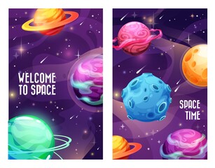 Poster - Space planets and galaxy universe, vector cosmos sky background. Welcome to space posters with planets in galaxy, meteorites, comets and asteroids, Saturn and moon, space exploration technology