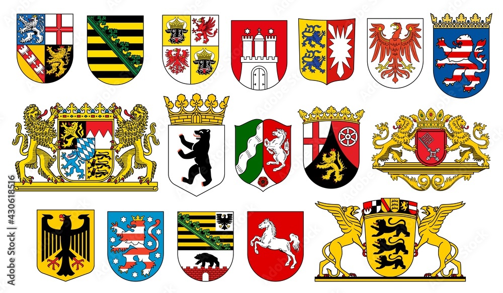 Coat of arms of German states heraldic icons of vector German heraldry. German federal state emblems with flags, lion, bear and deer, eagle, horse, crown and griffin, castle tower and key on shields - obrazy, fototapety, plakaty 