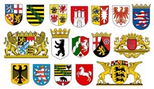 Coat Of Arms Of German States Heraldic Icons Of Vector German Heraldry. German Federal State Emblems With Flags, Lion, Bear And Deer, Eagle, Horse, Crown And Griffin, Castle Tower And Key On Shields