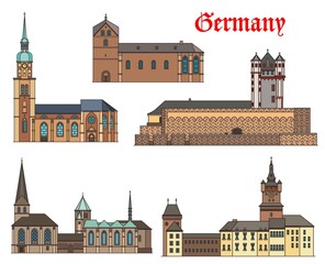 Wall Mural - Germany landmark buildings architecture, castles and cathedral houses, German cities, vector. St Reinold and Peter church in Dortmund, Schwanenburg Castle in Kleve, Eltville and Munster Cathedral