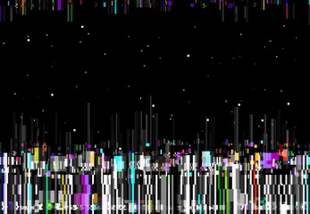 Leinwandbilder - Glitch color lines, vector distorted abstract background. Glitched rainbow colored vertical stripes and random pixels on black screen. Television distortion with glitch effect, no signal TV frame