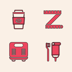 Sticker - Set Toothbrush and toothpaste, Coffee cup go, Tape measure and Bathroom scales icon. Vector