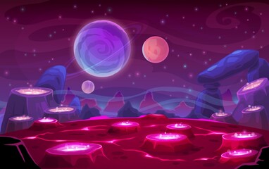 Poster - Space fantasy planet surface landscape cartoon background. Volcanoes, geysers with glowing, boiling hot lava or chemicals, rocky surface and mountain peaks, satellites with ring, stars in sky vector