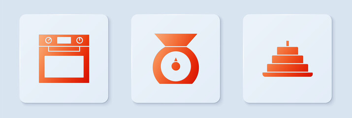 Sticker - Set Scales, Oven and Cake with burning candles. White square button. Vector