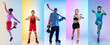 © master1305 - Collage of different professional sportsmen, fit people in action and motion isolated on multicolored neon background. Flyer.