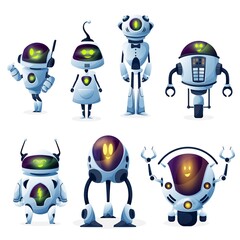 Aufkleber - Robot with artificial intelligence cartoon characters with vector female and male bots. Cute modern android woman, cyborg men and robotic helpers with funny smiling faces, future technologies design