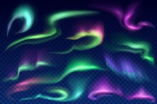 Northern, Polar And Aurora Borealis Vector Lights On Transparent Background. Realistic 3d Auroras With Bright Glowing Swirls Of Green, Purple And Blue Northern Or Polar Lights, Arctic Luminescence