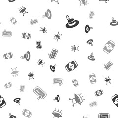 Aufkleber - Set Man hat, UFO flying spaceship, Energy drink and Certificate template on seamless pattern. Vector