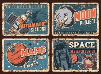 Poster - Space galaxy metal plates rusty, astronauts and universe planets, vector retro posters. Cosmos and astronomy, spaceman in space research center, mars or moon discovery and exploration project