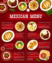 Mexican Food Restaurant Dishes Menu Template. Tortilla Nachos With Cheese, Beef Tortilla Wrap And Avocado Corn Soup, Chilli Con Carne, Chicken Quesadilla And Mole Poblano Sauce, Habanero Salsavector