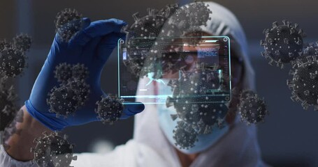 Poster - Animation of covid 19 cells over scientist in ppe suit holding screen with medical data processing