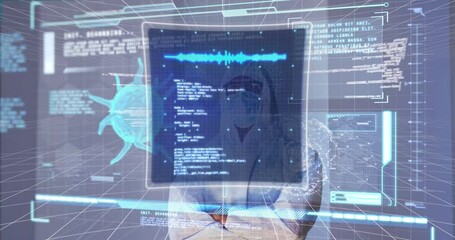 Poster - Animation of screen with covid 19 cell and medical data processing over scientist in ppe suit