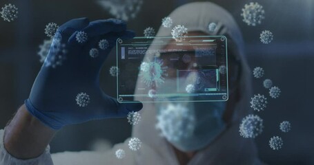 Poster - Covid-19 cells floating against health worker holding futuristic screen with medical data processing