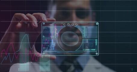 Poster - Financial data processing against against caucasian male doctor holding futuristic screen