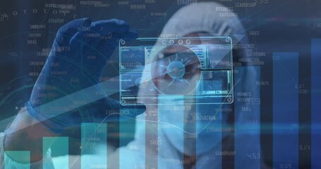 Poster - Statistical data processing against health worker holding futuristic screen with data processing