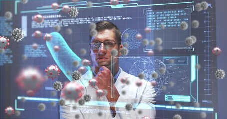 Poster - Digital interface with covid-19 cells and data processing against thoughtful caucasian male doctor