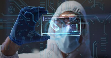 Poster - Microprocessor connections against health worker holding futuristic screen with data processing