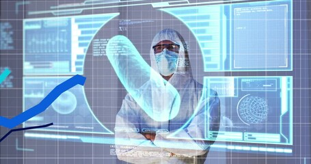 Poster - Multiple blue graphs moving over over screen with medical data processing against health worker