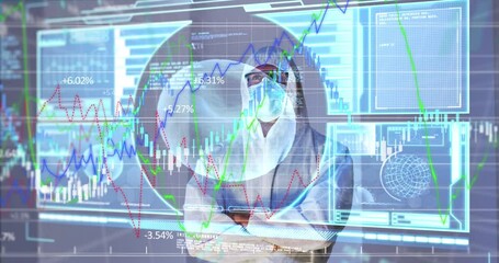 Poster - Financial data processing over screen with medical data processing against health worker