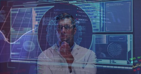 Poster - Stock market data processing against over screen with medical data processing against male doctor