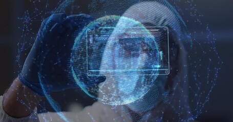 Poster - Globe of network of connections against health worker holding futuristic screen with data processing