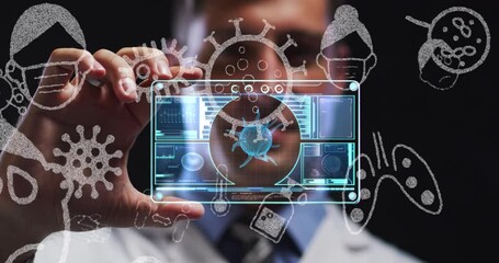 Poster - Multiple covid-19 icons floating against caucasian male doctor holding futuristic screen