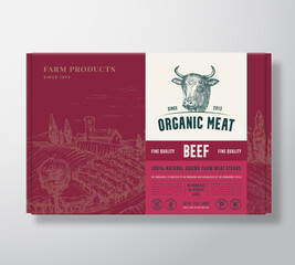 Wall Mural - premium quality beef mock up. organic vector meat packaging label design on a cardboard box containe