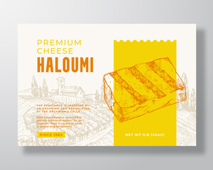 Wall Mural - Premium Local Haloumi Food Label Template. Abstract Vector Packaging Design Layout. Modern Typography Banner with Hand Drawn Cheese Piece and Rural Landscape Background. Isolated