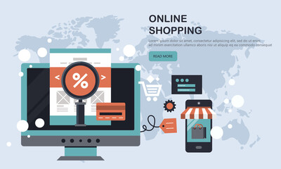 Wall Mural - On line shopping and payment Methods. Mobile payments. Pay per click and online order. Flat vector illustration