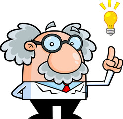 Wall Mural - Funny Science Professor Cartoon Character With A Bright Idea. Vector Hand Drawn Illustration Isolated On Transparent Background