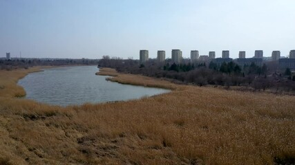 Sticker - Residential buildings over Lake Czerniakowskie Nature Reserve Lake in Warsaw city, Poland, 4k video