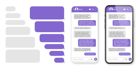 Realistic smartphone with messaging app. Blank SMS text frame. Messenger chat screen with violet message bubbles. Social media application. Vector illustration.