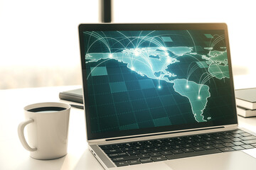 Aufkleber - Abstract digital world map with connections on modern computer monitor, big data and blockchain concept. 3D Rendering