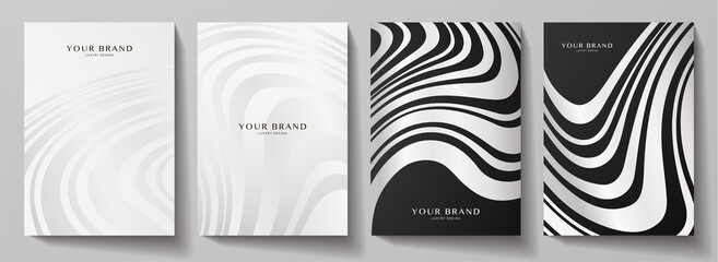 Wall Mural - Modern black, silver cover design set. Abstract wavy line pattern (curves) in monochrome. Creative stripe vector collection for business background page, brochure template, booklet, vertical flyer