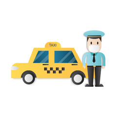 Wall Mural - Taxi service with taxi driver. Taxi driver protective medical face mask for prevention virus Covid-19. Vector illustration.